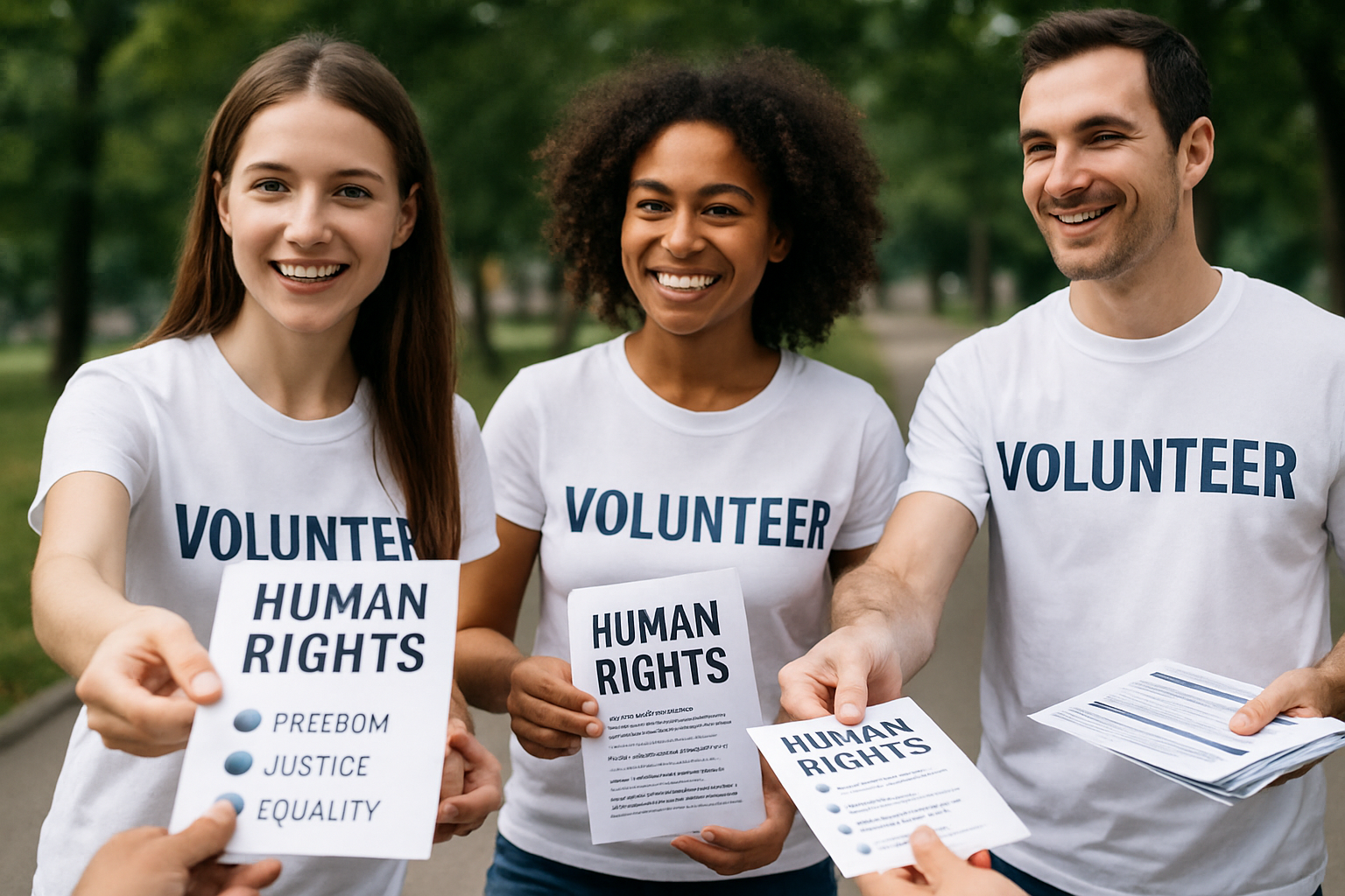Volunteers distributing informational materials on human rights